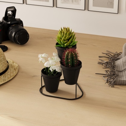 3 Lü Masa Üstü Metal Saksılık - 33014-03-19 - Siyah