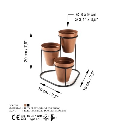 3 Lü Masa Üstü Metal Saksılık - 33014-03-33 - Bakır